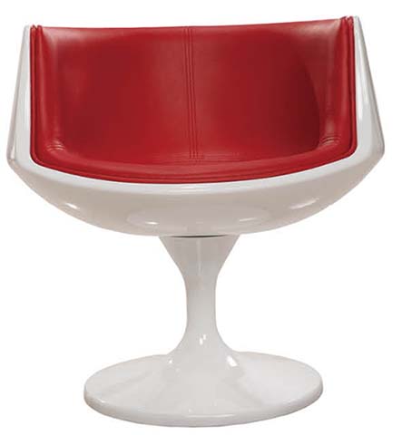 Glossy White Shell Swivel Tulip Lounge Chair with Red Upholstered Bucket Seat