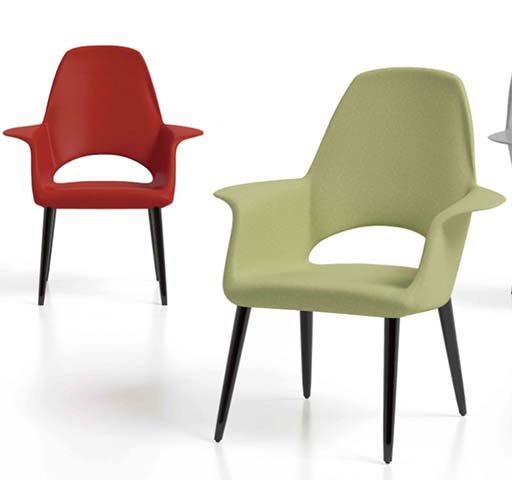 Modern Contoured Upholstered Dining Armchair with Semicircular Back Cutout and Black Tapered Metal Legs