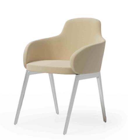 Beige Upholstered Dining Armchair with Light Gray Metal Legs