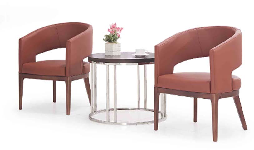 3-Piece Lounge Seating Set: 2 Terracotta Barrel Accent Armchairs with Round Stainless Base Coffee Table
