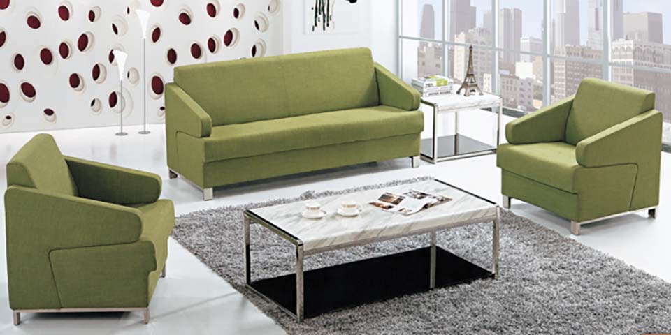Olive Green Fabric Commercial Office Reception Seating Set (3+1+1 with Marble-Top Coffee Table)