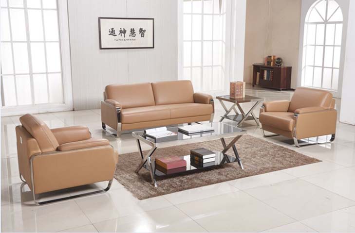 Tan Leather 3+1+1 Office Reception Sofa Suite with Glass Chrome Tables