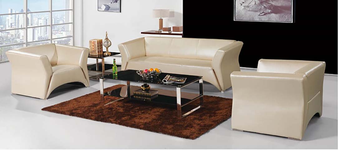 Cream Faux Leather Office Reception Seating Set with Black Glass Chrome Coffee Table and Side End Table