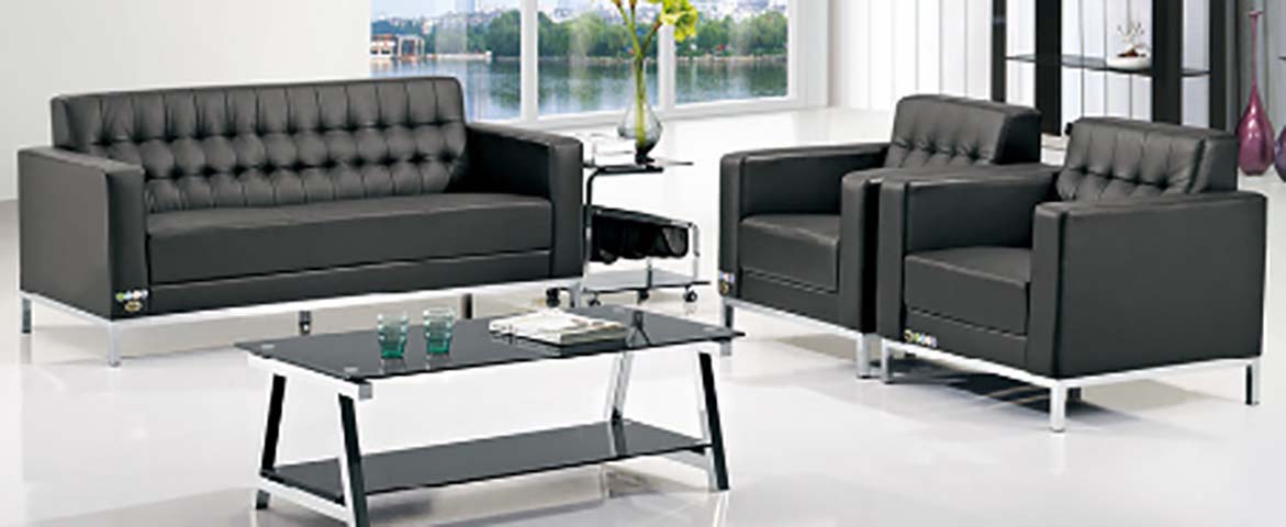 3-Piece Black Faux Leather Office Reception Sofa Set with Glass Coffee Table