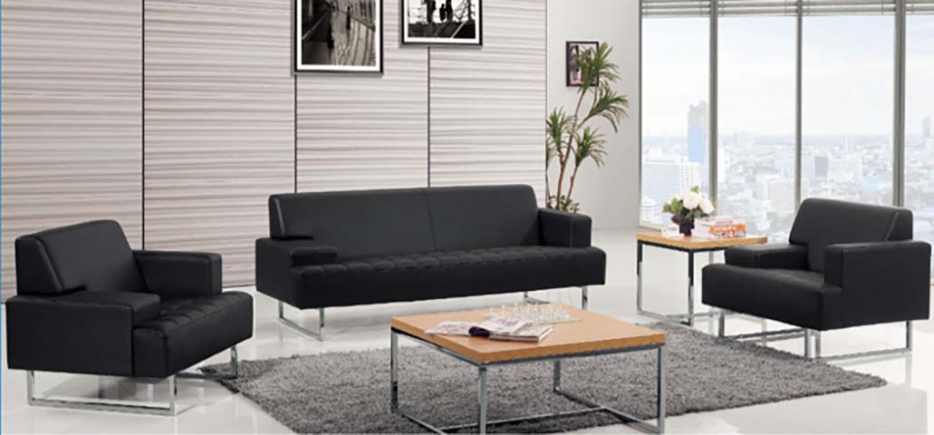 Black Faux Leather 1+1+3 Office Reception Sofa Set with Chrome Sled Base