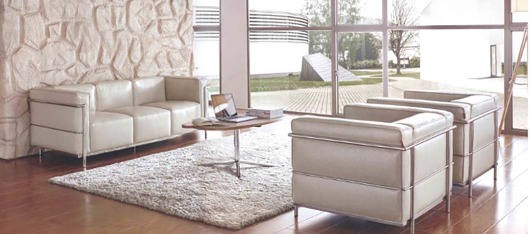 LC3-Style Chrome Frame Off-White Leather Office Reception Seating Set with Round Coffee Table