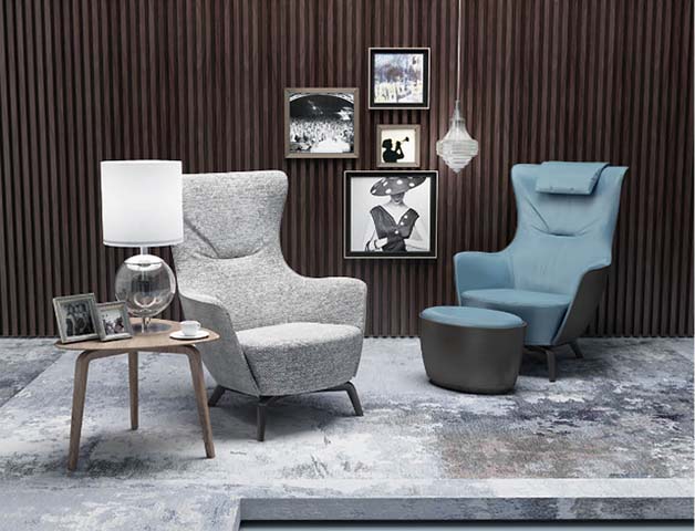 Modern Wingback Upholstered Lounge Armchair Set with Ottoman and 3-Leg Round Wood Side Table