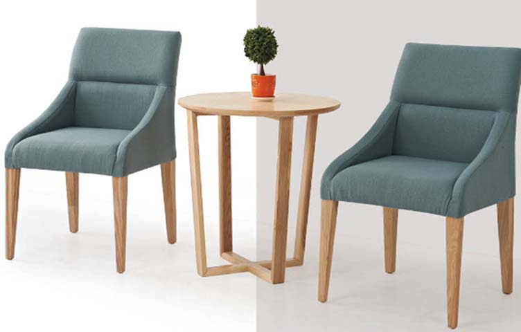 Round Wooden Side Table with Two Upholstered Lounge Armchairs