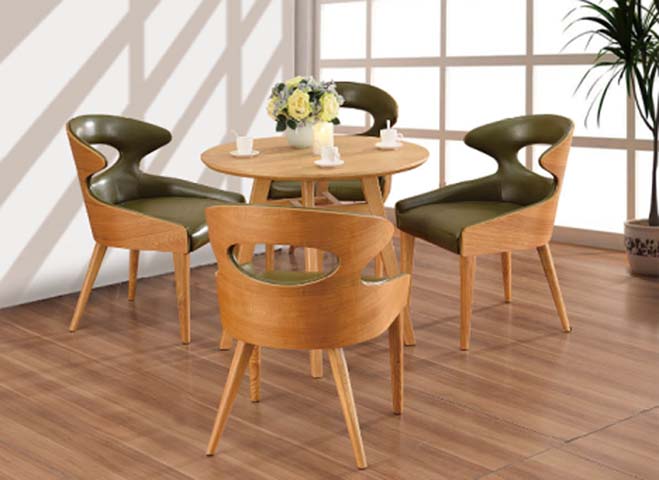 Round Wood Dining Table with Four Sculpted Olive-Green Upholstered Chairs