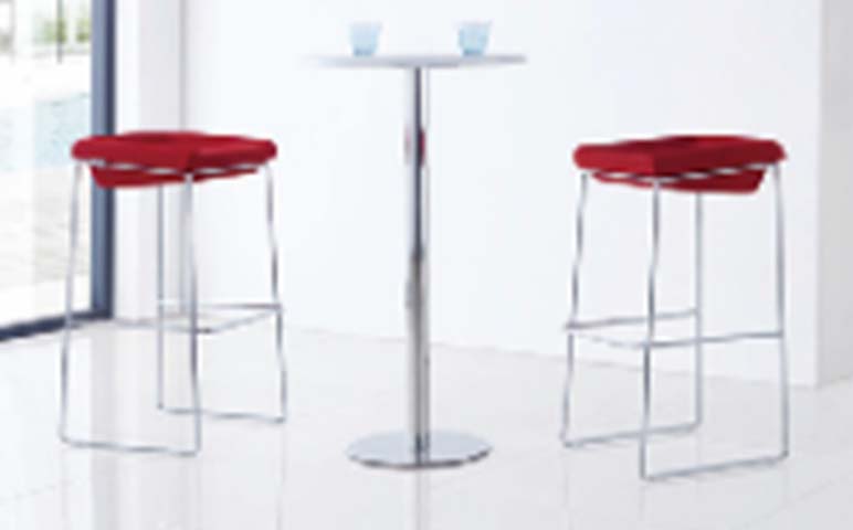 Chrome Round Bar Table with Two Red Backless Bar Stools