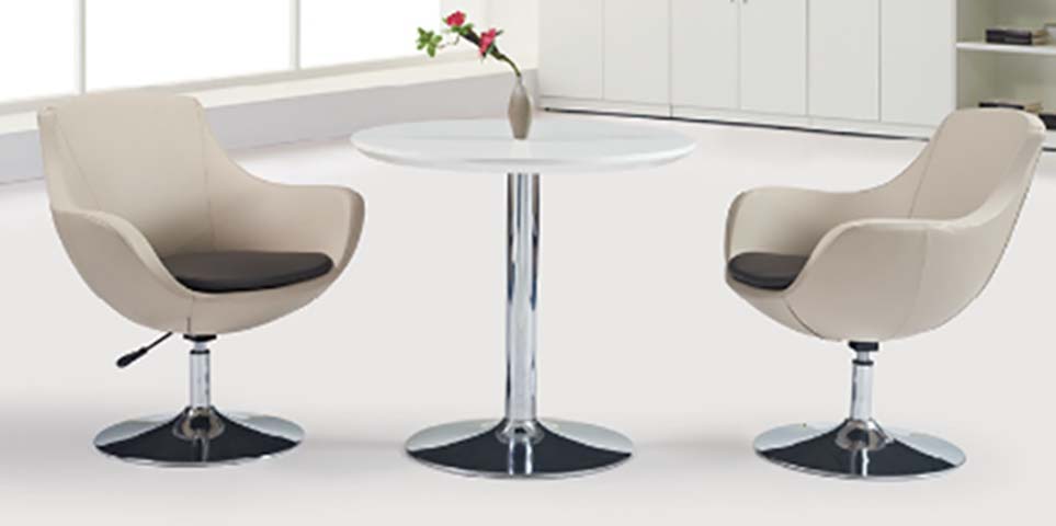 Round White Bistro Table with Two Swivel Upholstered Armchairs