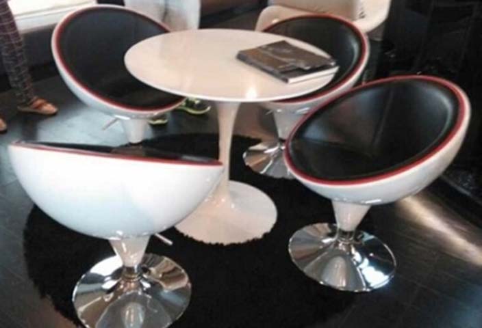 Glossy White Round Tulip Bistro Table with Four Swivel Bucket Lounge Chairs