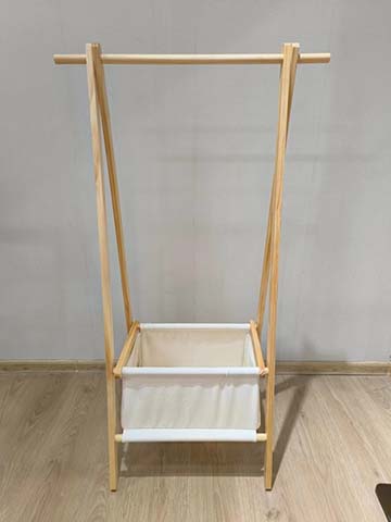Open Natural Wood Clothing Rack with White Fabric Storage Bin