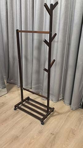 Mobile Dark Brown Garment Rack with Branch Hooks and Slatted Shoe Shelf