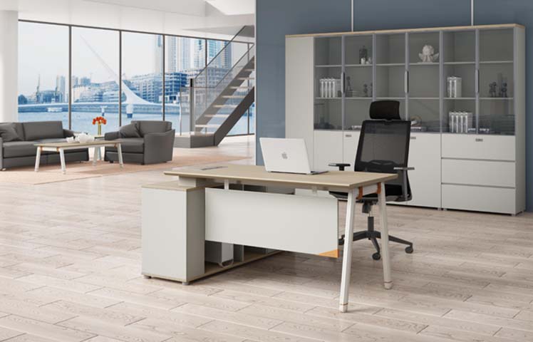 Light Oak and White L-Shaped Executive Desk with Fixed Side Storage Pedestal