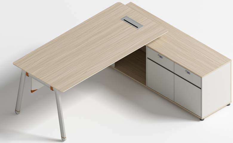 L-Shaped Executive Desk with Side Storage Cabinet and Cable Port