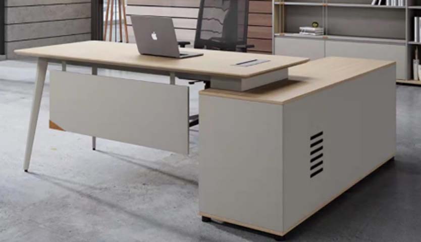 L-Shaped Executive Office Desk with Storage Credenza and Cable Port