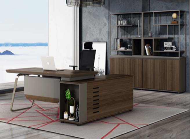 Walnut Veneer Executive Desk with Right Storage Credenza