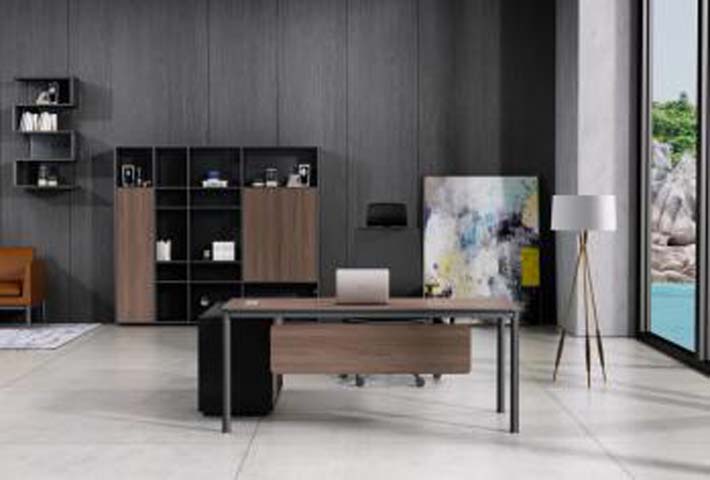 Wood Veneer Executive Desk with Left Storage Pedestal and Black Metal Legs