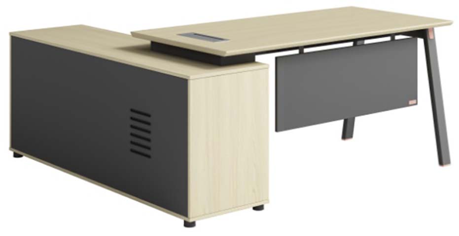 L-Shaped Executive Desk with Integrated Storage Cabinet and Cable Port