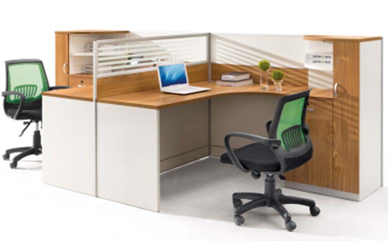 Two-Person Curved Panel Office Workstation with Side Storage Cabinets
