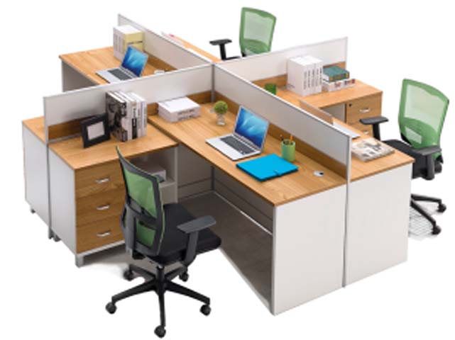 Four-Person L-Shaped Partition Workstation with Integrated Pedestals