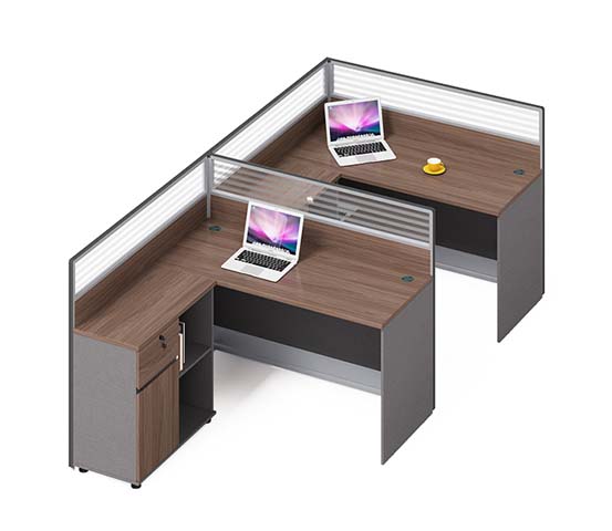 Two-Person 120-Degree L-Shaped Panel Workstation with Low Storage Cabinet