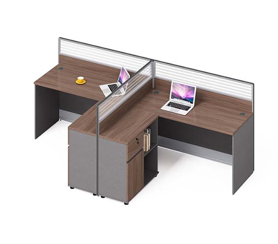 Two-Person 120-Degree L-Shaped Panel Workstation with Divider Screens and Central Storage