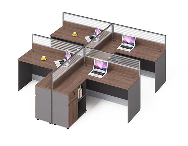 Four-Person Cross-Shaped Panel Workstation with L-Shaped Desks and Dividers