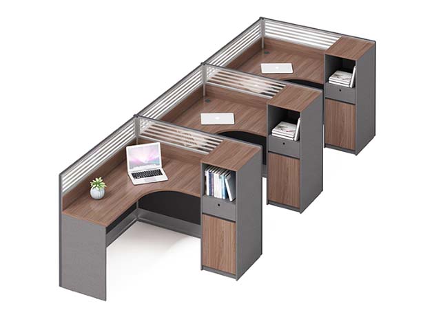 Three-Person L-Shaped Panel Workstation Cluster with Integrated Pedestals