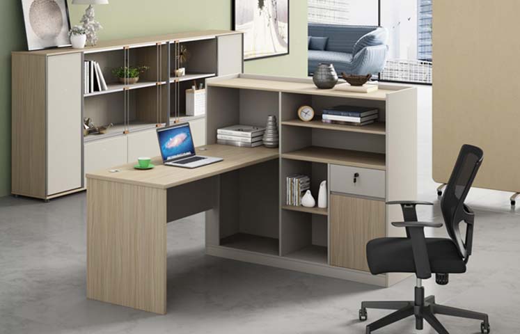 L-Shaped Executive Workstation with Integrated Hutch Storage and Black Mesh Task Chair