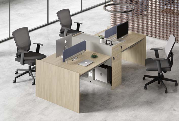 Four-Person Cross-Shaped Panel Workstation with Screens and Pedestals
