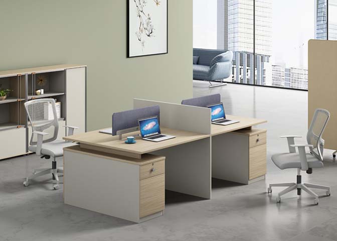 Two-Person Panel-Based Office Workstation with Drawer Pedestals and Divider Screens