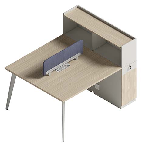 Two-Person Panel-End Workstation with Central Divider and Overhead Storage