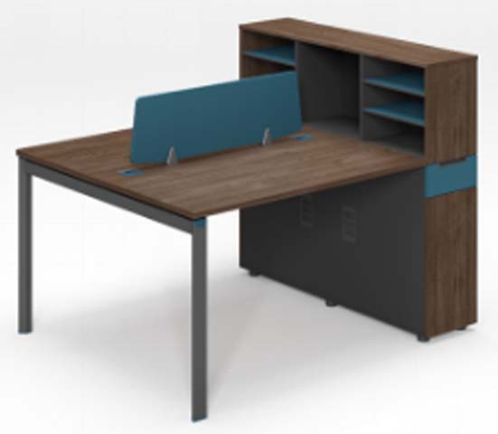 Two-Person Office Workstation with Divider Screen and Over-Desk Storage Hutch