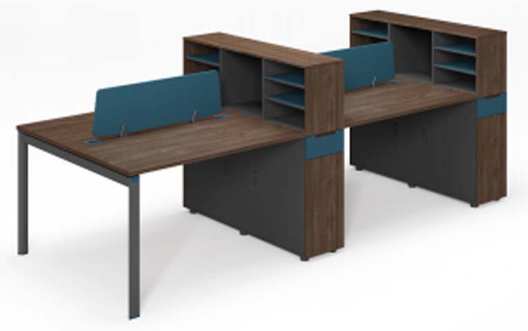 Four-Person Modular Workstation with Central Storage Divider and Privacy Screens