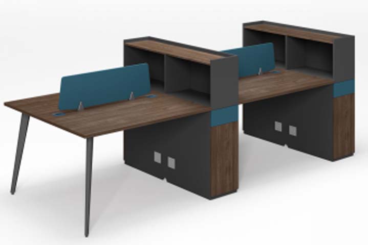 Four-Person Linear Workstation with Divider Screens, Overhead Storage and Cable Ports