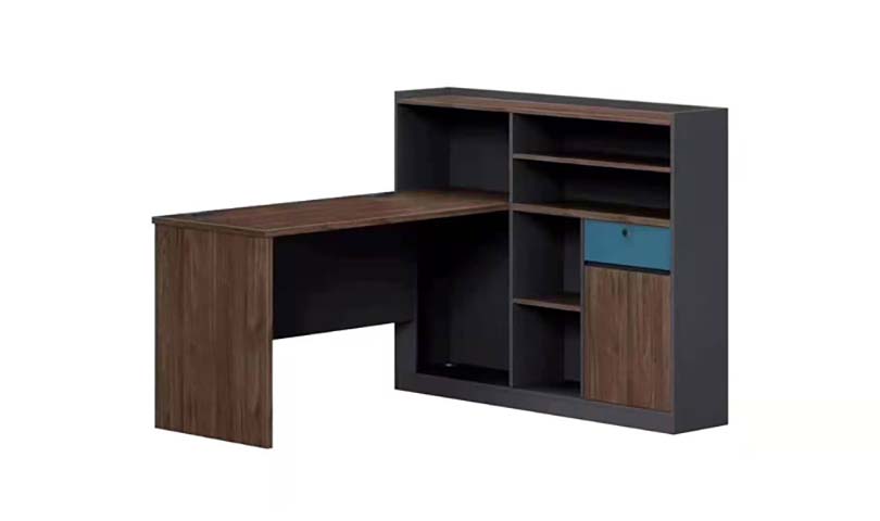 L-Shaped Study Desk with Integrated Open Bookcase and Storage Cabinet