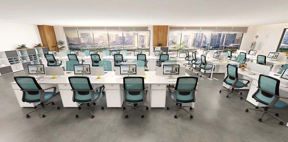 Panel-Based Open-Plan Office Workstation Cluster with Mesh Task Chairs