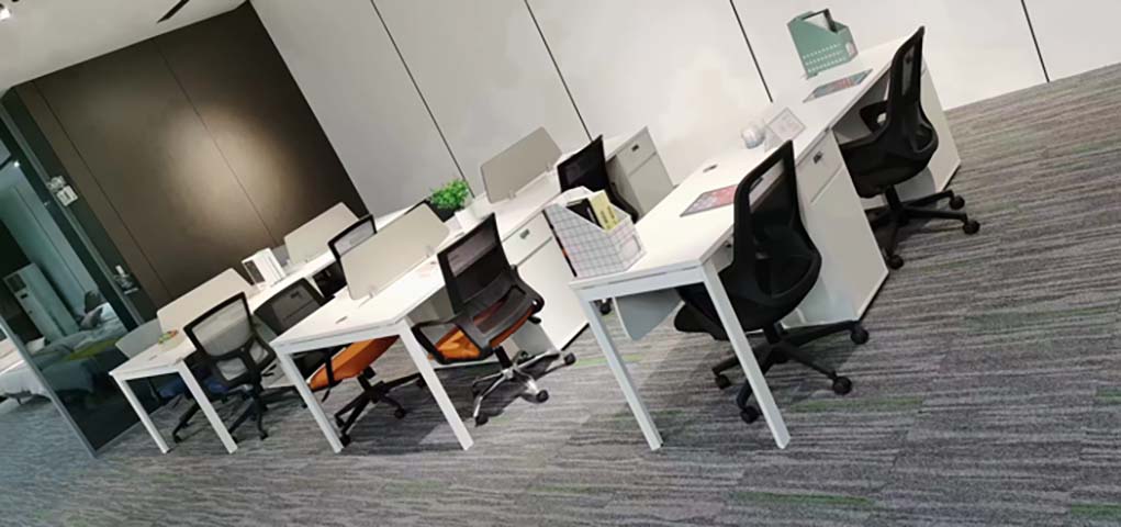 Eight-Person Modular Panel Workstation with Integrated Pedestals and Mesh Task Chairs