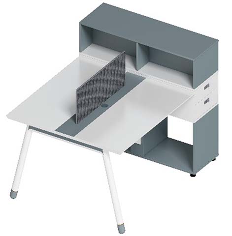 Two-Person Workstation with Center Divider and Overhead Storage