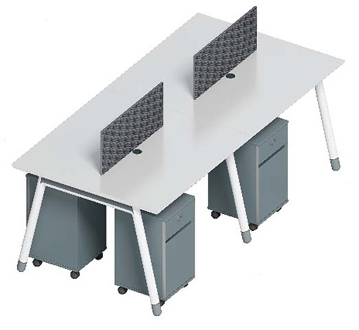 Four-Person Bench Workstation with Central Dividers and Mobile Pedestals