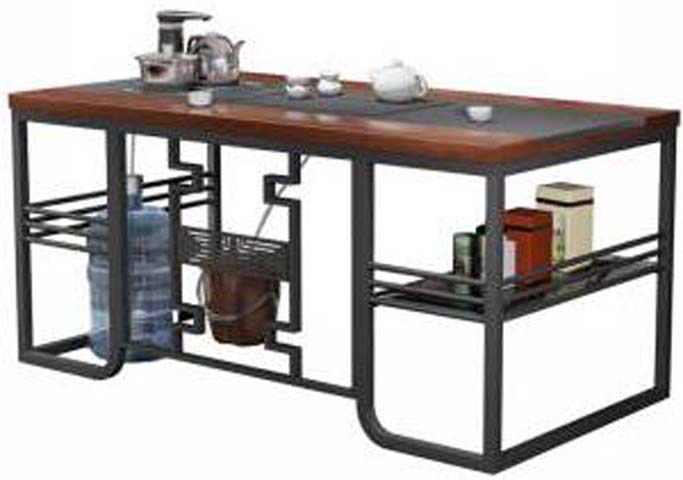 Industrial Metal-Framed Tea Table with Integrated Tea Tray and Open Storage