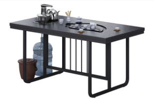 Fire-Slab Tea Table with Built-In Tea Tray and Open Metal Base