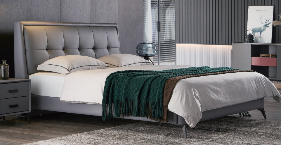 Gray Channel-Tufted Upholstered Platform Bed with Angled Metal Legs