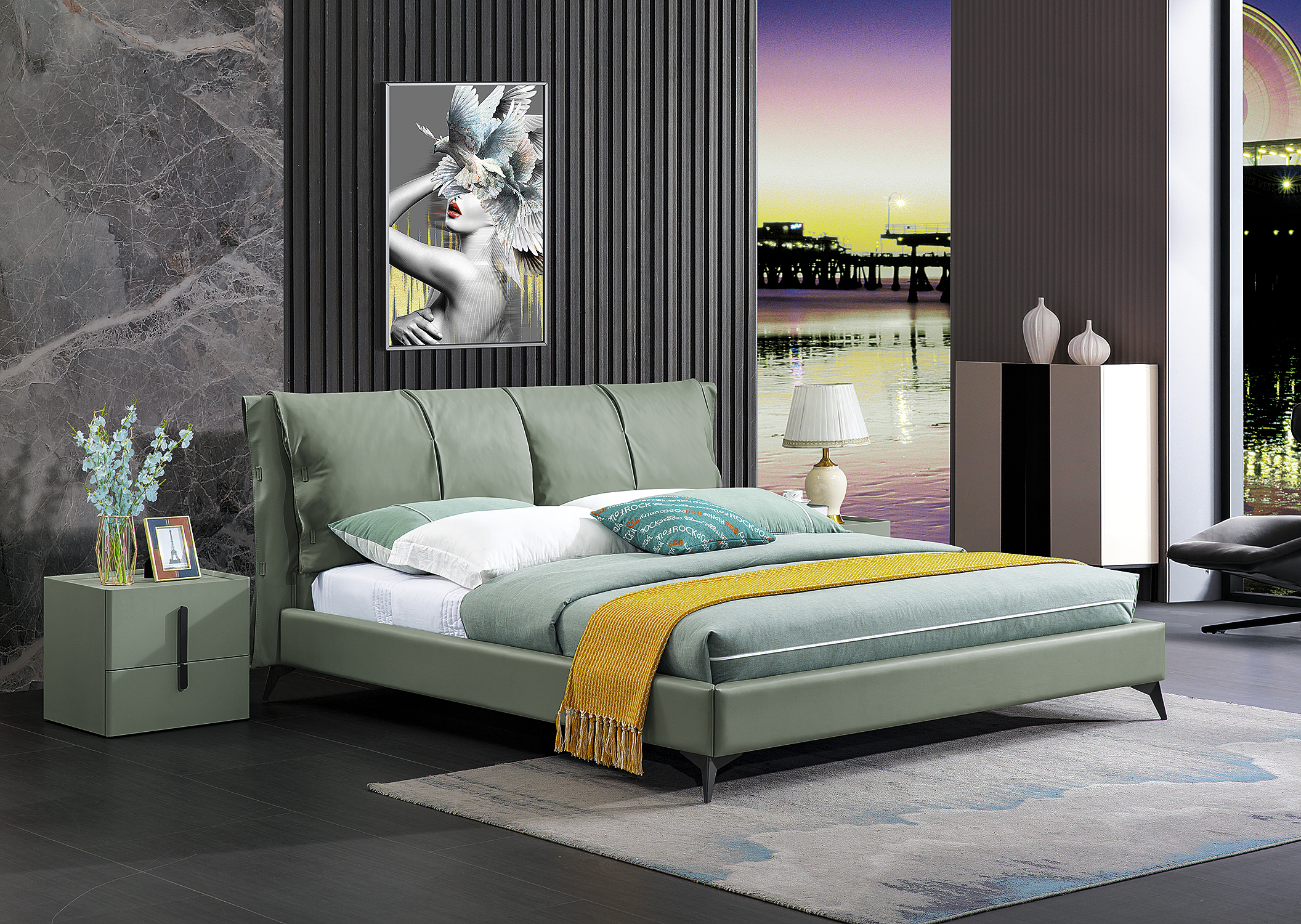 Upholstered Low-Profile Platform Bed with Matching 2-Drawer Nightstand