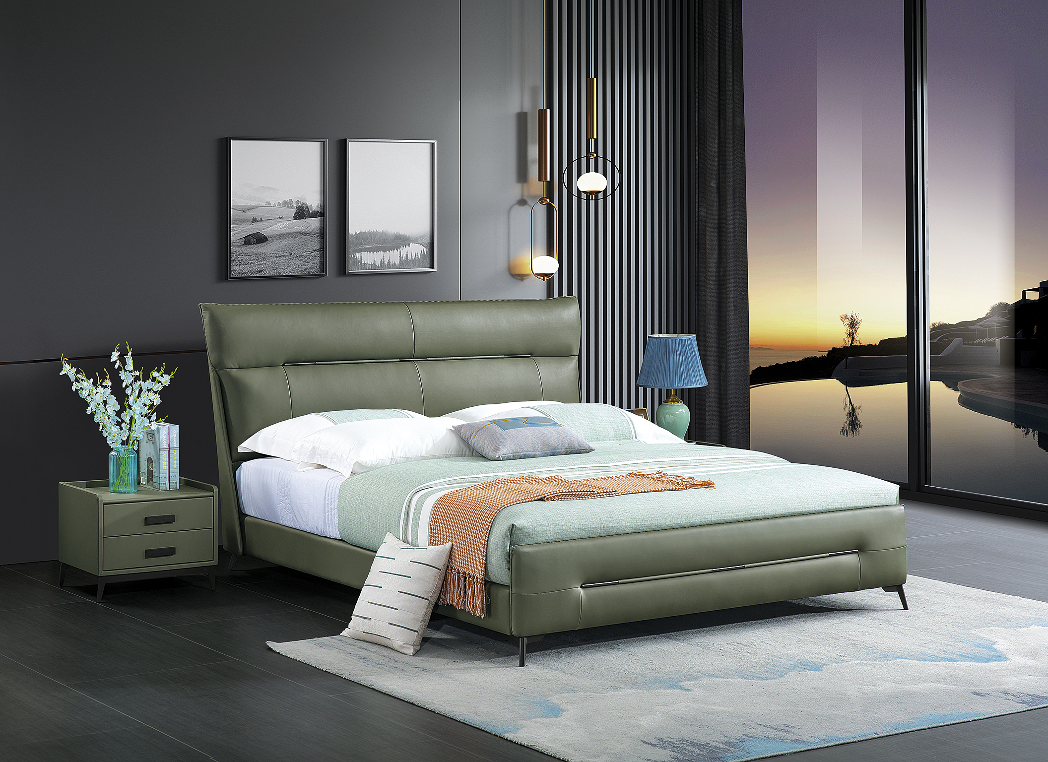 Modern Upholstered Platform Bed with Matching Nightstand
