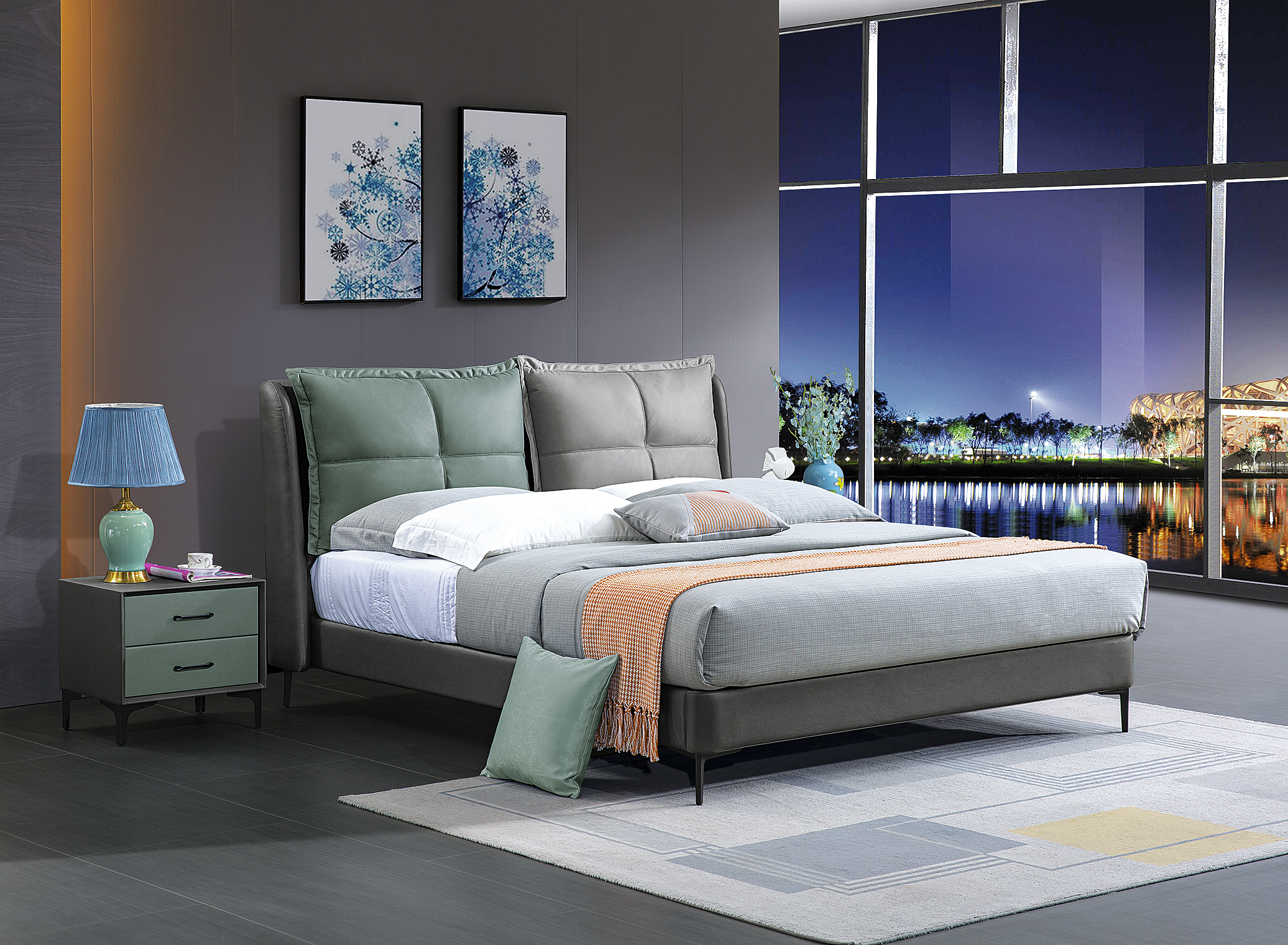 Upholstered Platform Bed with Stitched Wingback Headboard