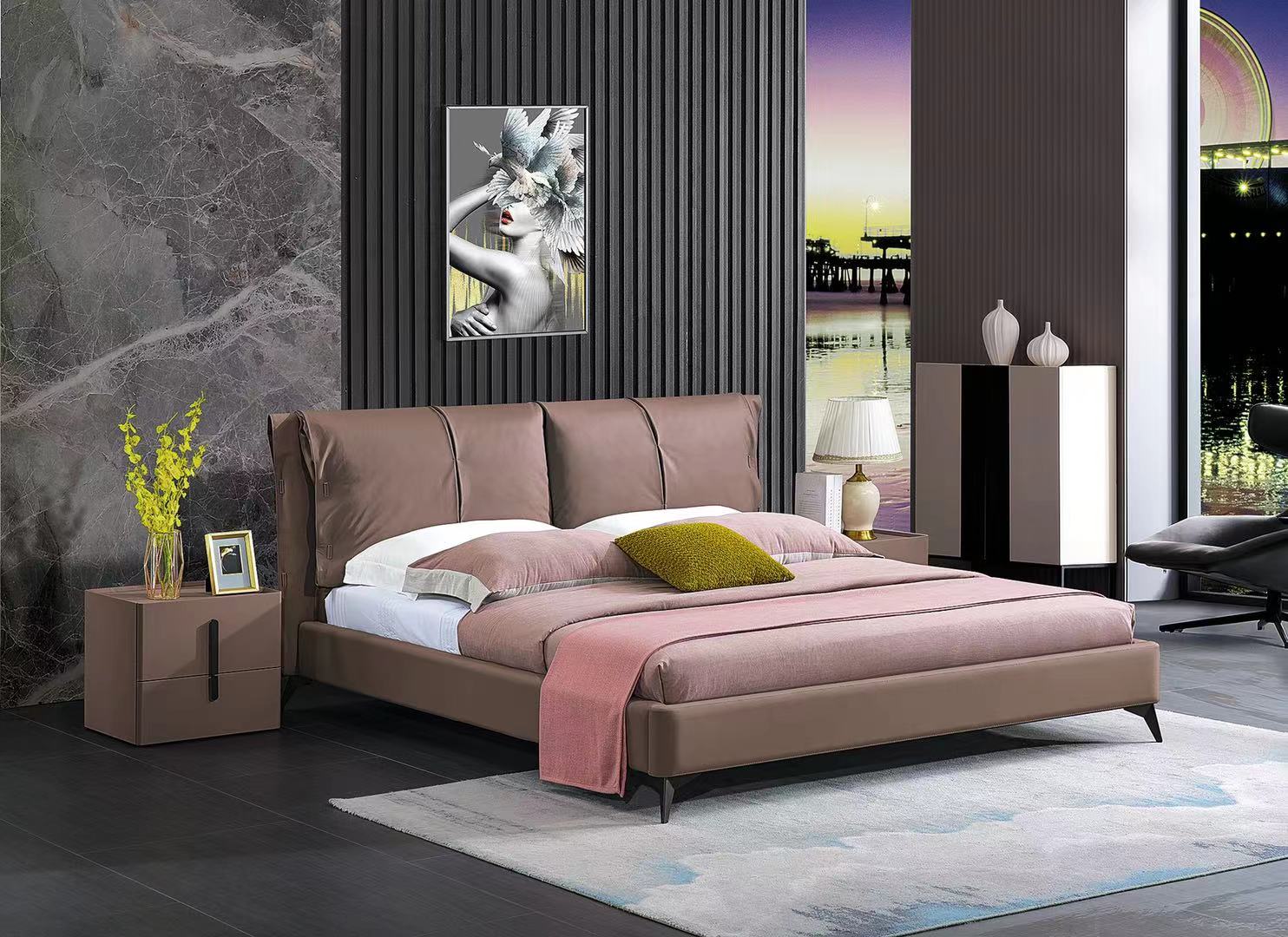 Modern Upholstered Platform Bed with Padded Segmented Headboard