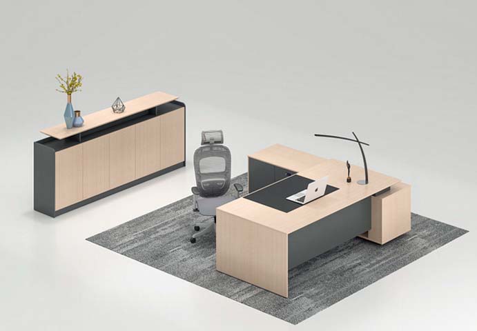 L-Shaped Executive Office Desk Set with Matching Credenza and Ergonomic Chair